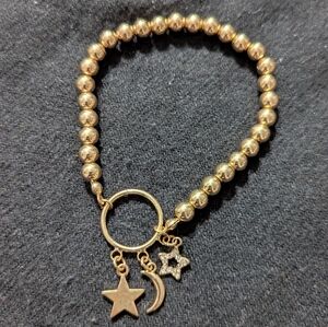 Gold Tone Clear Rhinestone Moon and Stars Charm Beaded Stretchy Bracelet